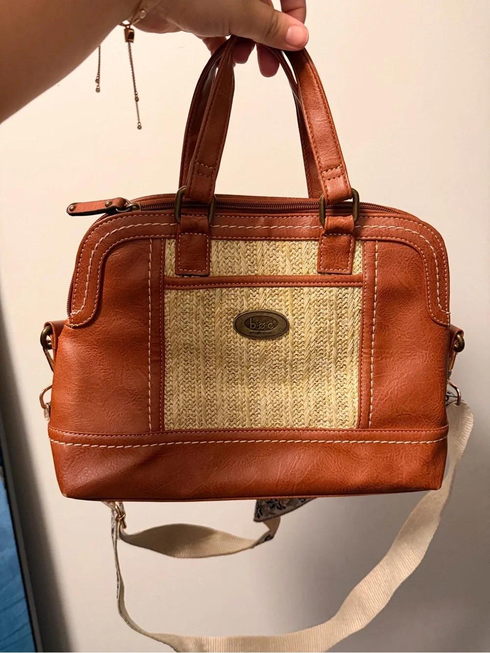 b.o.c. Tan Faux-Leather & Straw-Panel Satchel